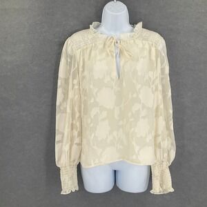 Evereve Top Sz M Cream Floral Jacquard Smocked Neck Tie Neck Blouse Romantic